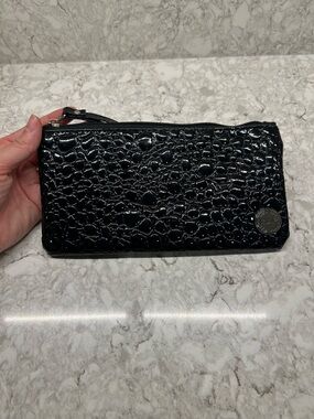 Soho Black Croc-Embossed Patent Wristlet Clutch